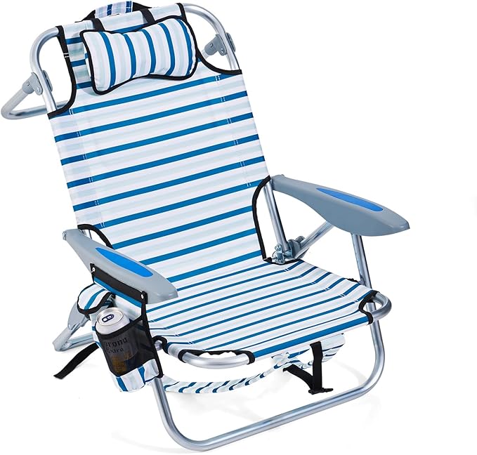Canpsky Portable Beach Chair for Adults, Outdoor Camping Chair Lay Flat Folding Backpack Beach Reclining Chair with 5 Positions, Headrest, Cup Holder, Heavy White Striped