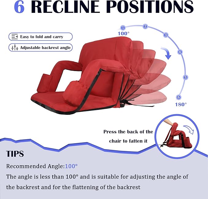 Anmiro Stadium Seats with Back Support Bleacher Chairs with Back and Extra Wide Cushion Thick Padded Bleacher Portable Reclining Seats for Football, Baseball and Basketball (Red, Medium)