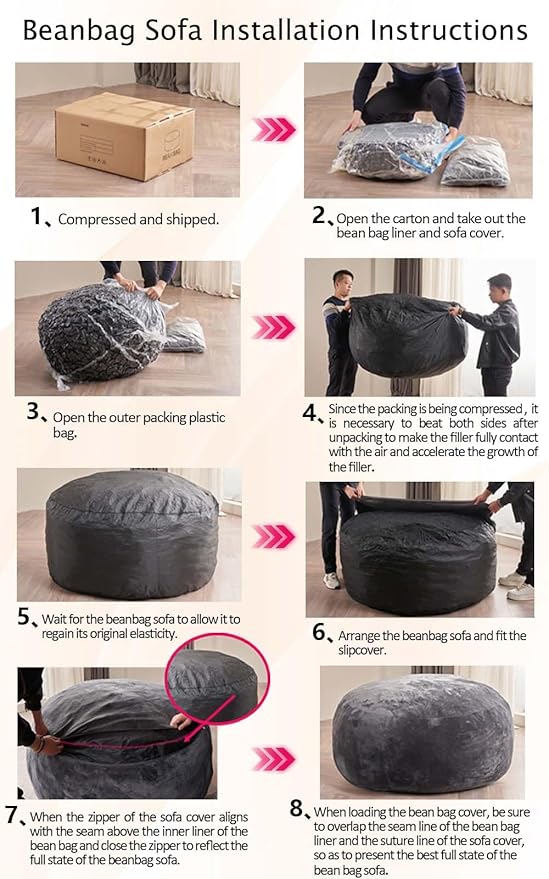 5FT oversized bean bag chairs for adults bean bag with filler included memory foam bean bag Soft and comfortable giant bean bags, living room furniture, suitable for bedroom dorm balcony chairs(Black)