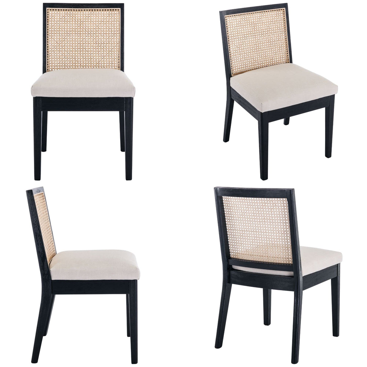 BESTANO Farmhouse Rattan Dining Chairs Set of 4 Black Wood Dining Room Chairs Rectangle Cane Country Kitchen Chairs Upholstered Dining Chair for Dining Room, Cream Linen