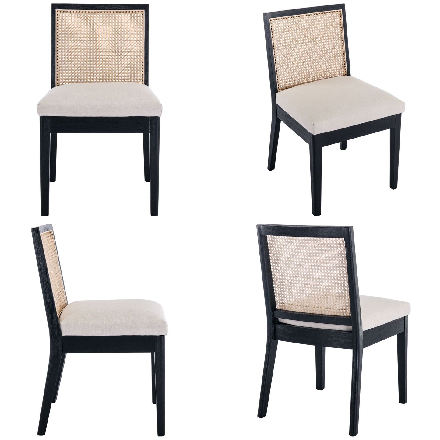 BESTANO Farmhouse Rattan Dining Chairs Set of 6 Black Wood Dining Room Chairs Rectangle Cane Country Kitchen Chairs Upholstered Wood Dining Chair for Dining Room, Cream Linen