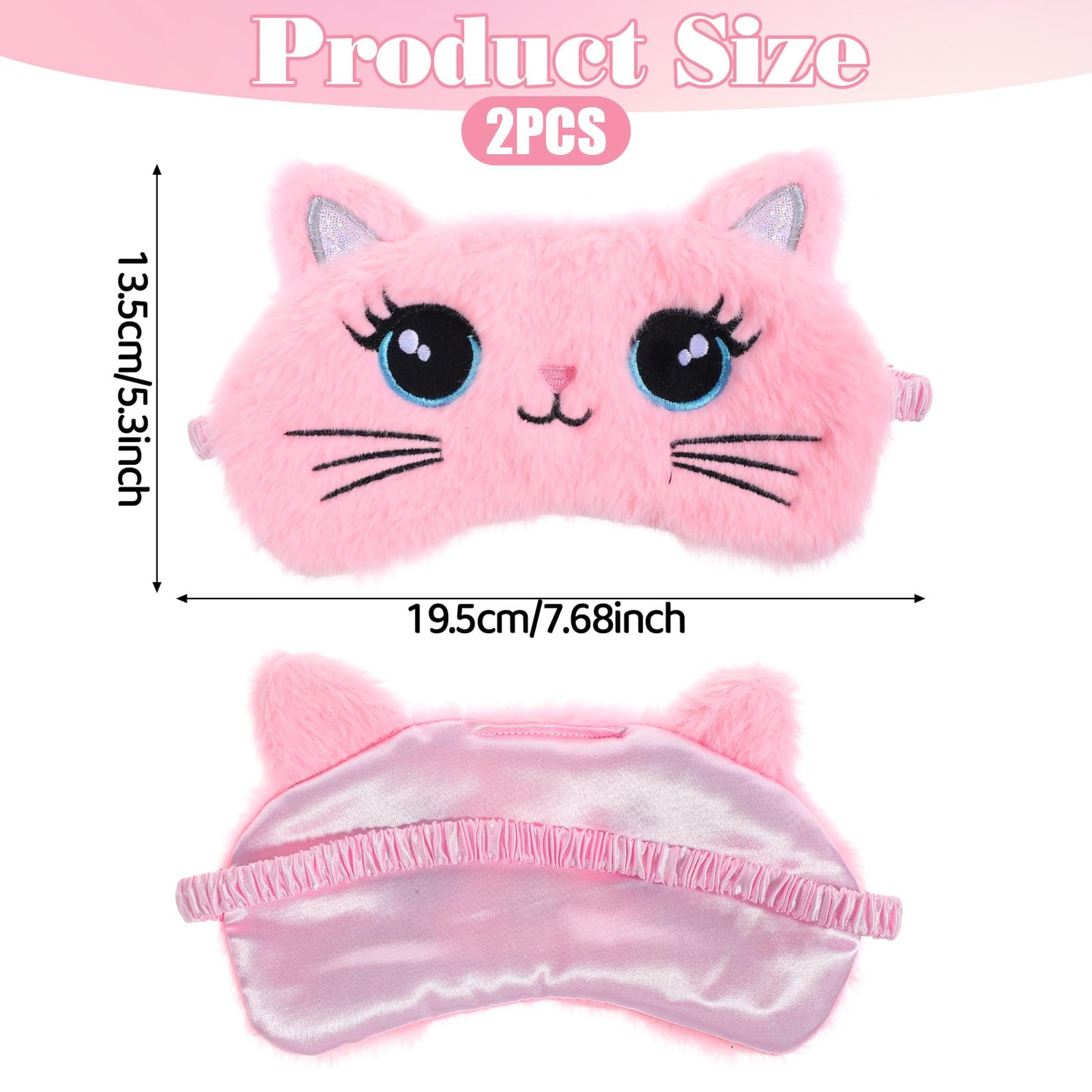 Kids Sleep Mask, 2 Pcs Cute Cat Sleeping Eye Mask Soft Plush Girls Sleep Masks Comfortable Funny Animal Night Eye Masks for Sleeping Blindfold Eye-Cover for Women Girls Home Travel (Pink, White)