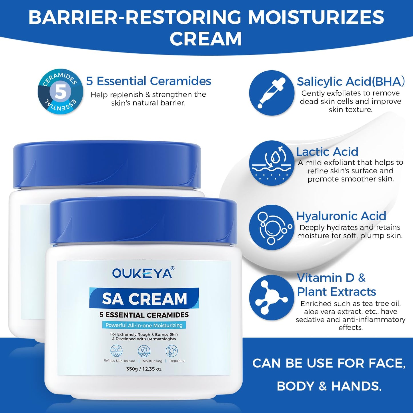 OUKEYA SA Cream for Rough & Bumpy Extremely Dry Skin with 5 Kinds of Ceramides & Salicylic Acid,Exfoliating Moisturizing Body Lo