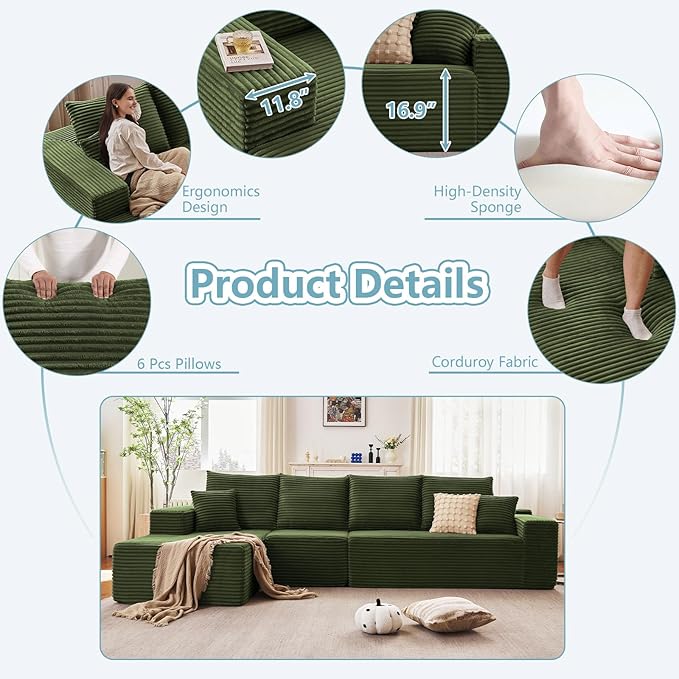 135.4" Cloud Sectional Couch with L-Shape Chaise, Modern Corduroy Boneless Couch for Living Room,Memory Foam Sofa with Deep Seat,No Assembly Required (Green,Left-Facing Chaise)