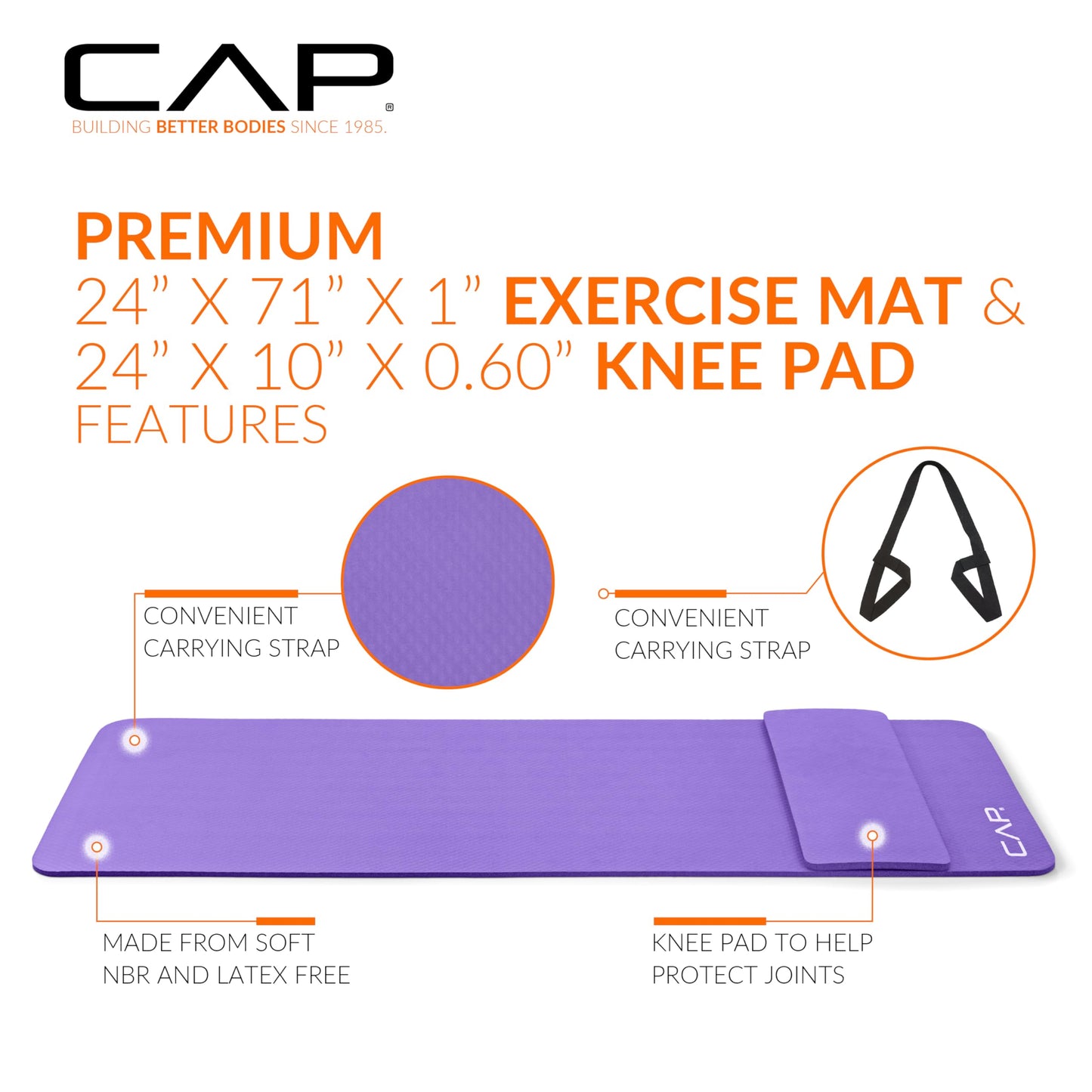 CAP Barbell Yoga Mat 1/2" Thick with Carrying Strap & Knee Pad - High Density Exercise Mat for Yoga, Pilates, Stretching, Floor & Fitness Workouts - 71''x24''x1/2" | Purple