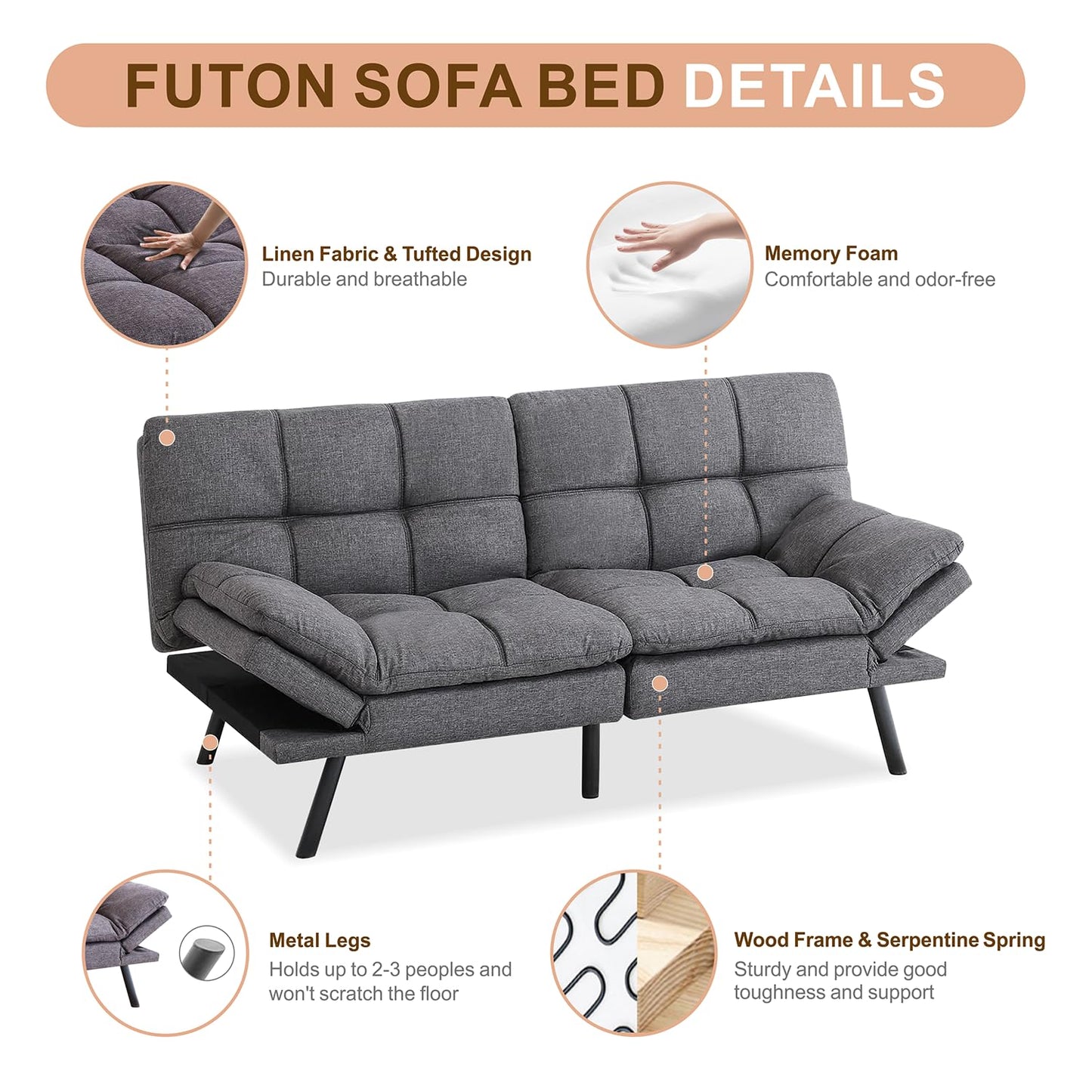 Opoiar Bed with Memory Foam, Convertible Futon Couch with Adjustable Armrests, Multifunctional Sofa Sets for Apartment, Office,Small Spaces Sofabed, Deep Grey