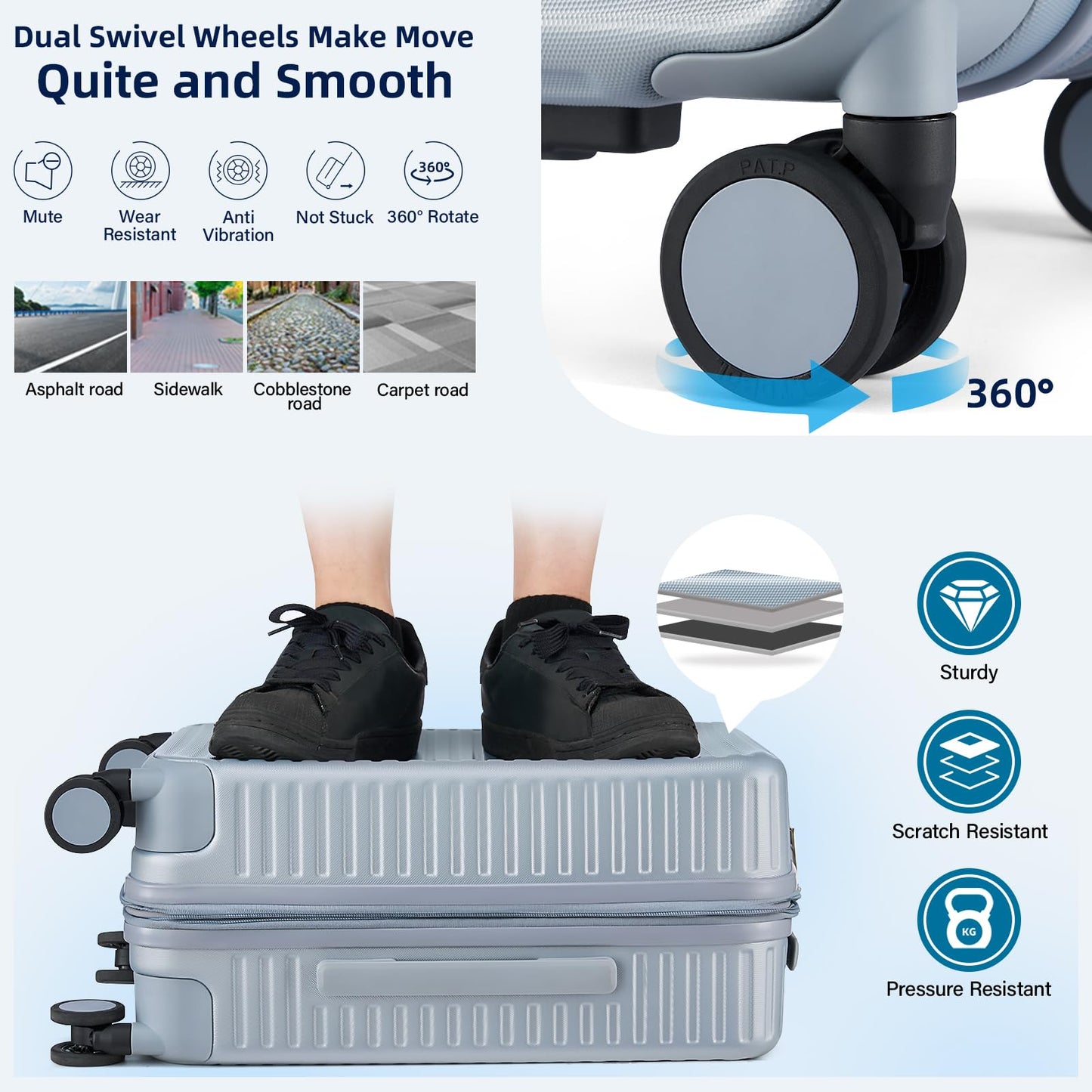 HanTrip Hard Shell Suitcases Airline Approved 20 Inch Carry on Luggage with Wheels, Expandable Travel Luggage with Cup Holder Charger Built in Lightweight Small Suitcase, Silver