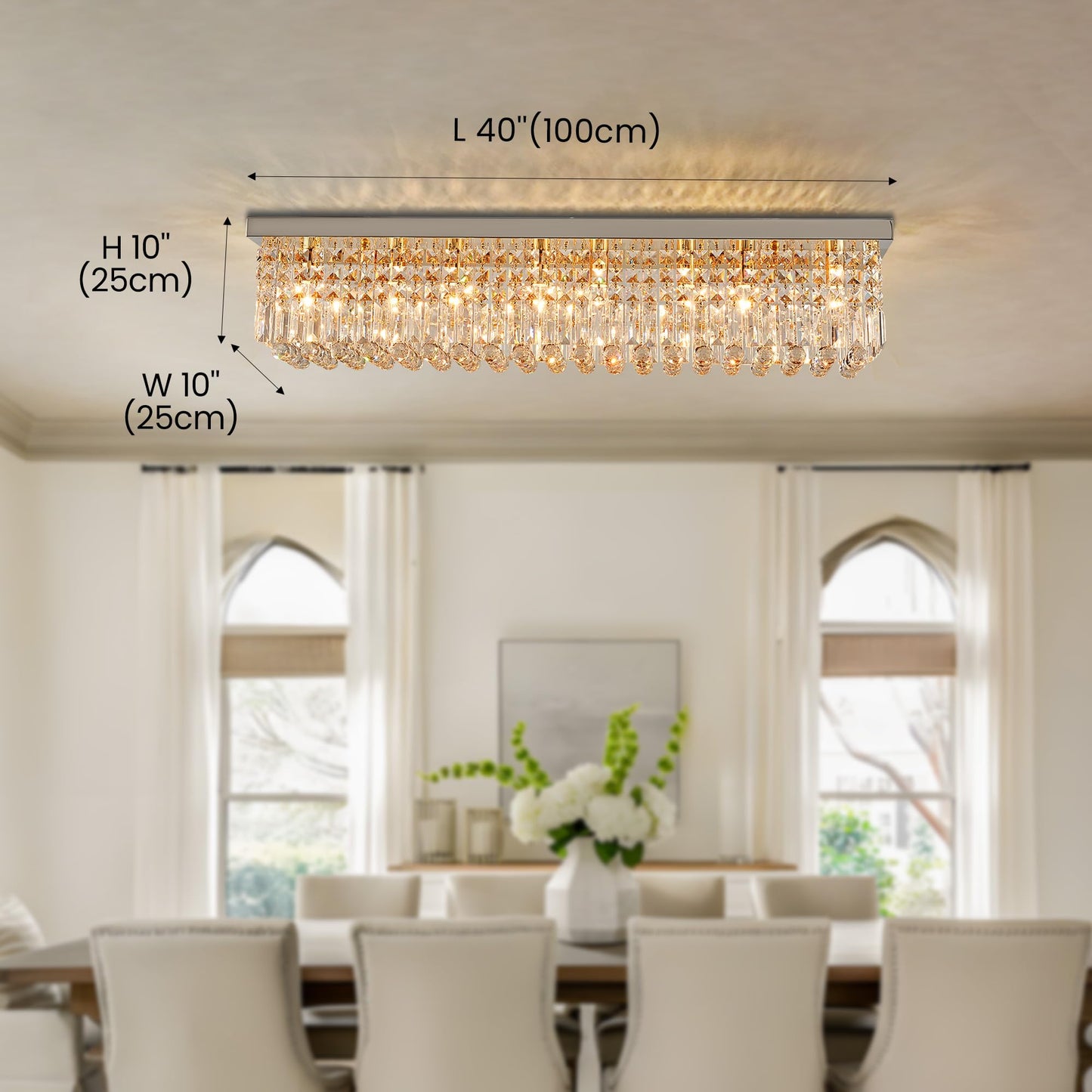 Tinkoso Crystal Chandelier for Dining Room 39.3" Modern Gold K9 Crystal Rectangle Chandeliers Flush Mount Pendant Light Fixture Kitchen Island Bar Dining Room Bedroom Bathroom Hotel