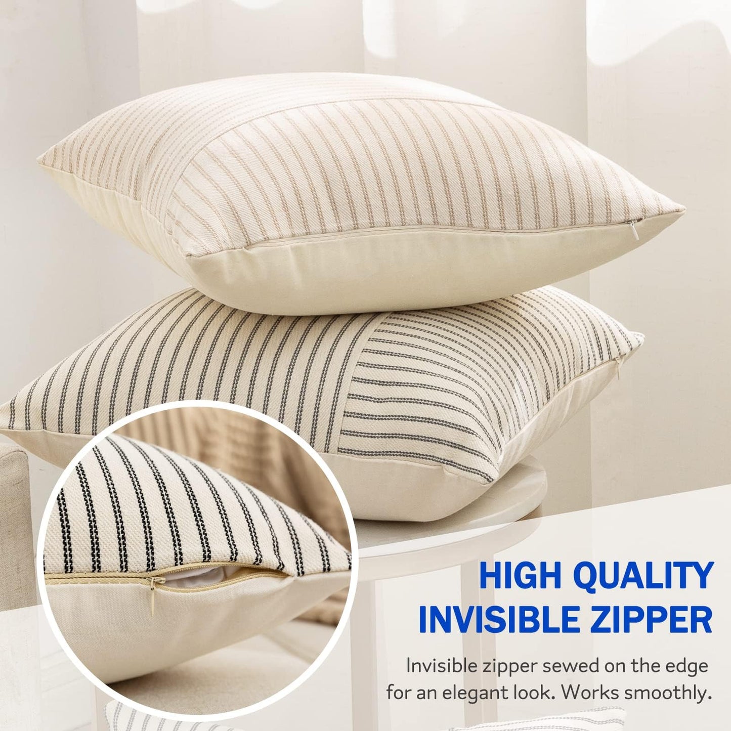 Farmhouse Pillow Covers 18x18, Modern Accent Square Throw Pillow Covers Set of 2, Blue and Beige Striped Patchwork Linen Decorative Pillows Cushion Covers for Couch Chair Bedroom Fall Decorations