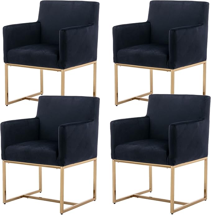 BESTANO Set of 4 Upholstered Velvet Dining Chairs with Armrest, Mid Century Modern Accent Armchairs, Modern Kitchen & Dining Room Chairs with Gold Frame, Black