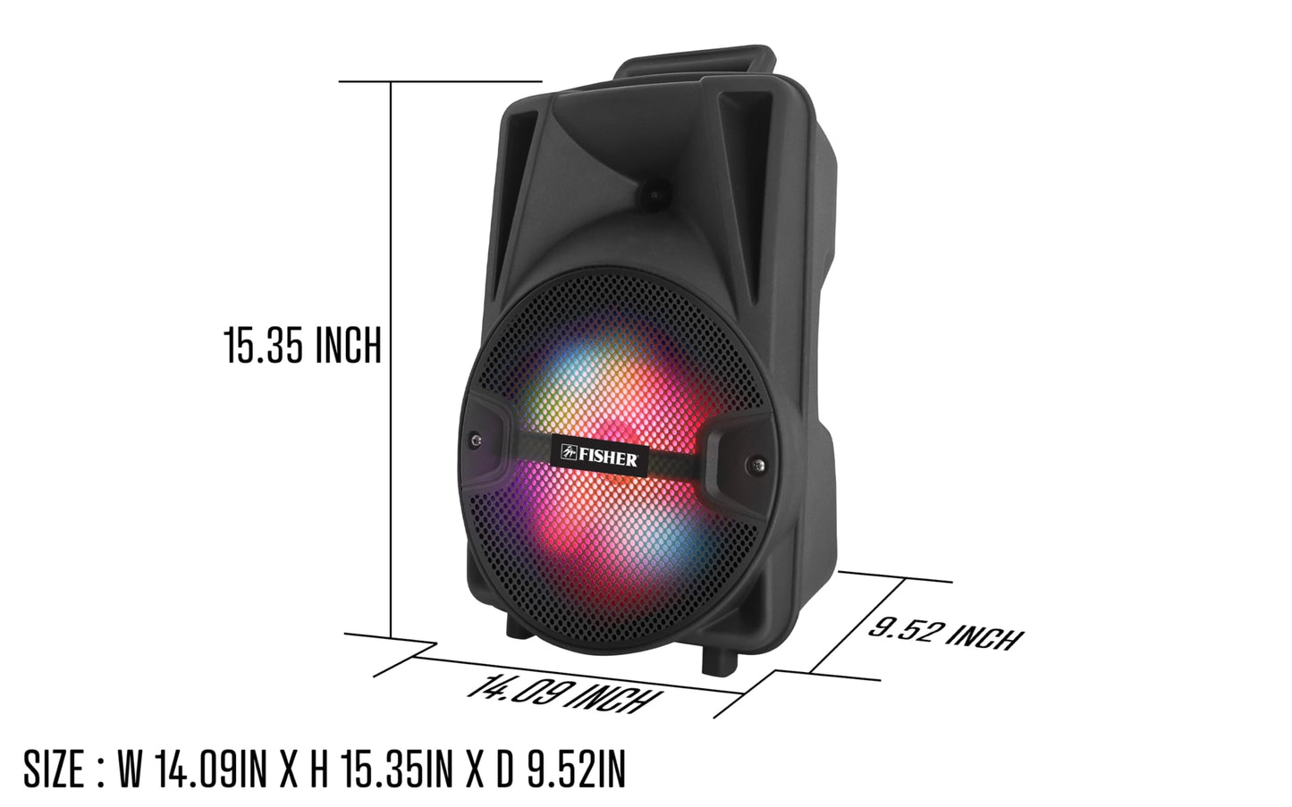 Fisher Portable Bluetooth Wireless Speaker System: 8" Subwoofer 20W Peak Power w Loud HD Bass Sound & LED Lights, Rechargeable, Karaoke, TWS Pairing, USB Port, FM Radio, Speaker Stand