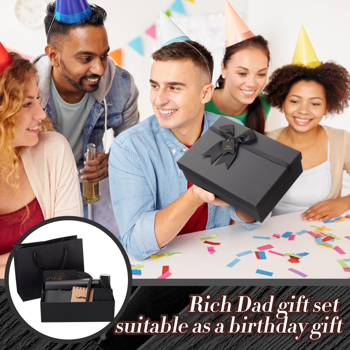 AmazingSpark 2 Pcs Birthdays Gift Baskets for Men Box 16 oz Tumbler Wallet Eye Mask PU Leather Belt Tie Keychain Pen Journal Hat Card Set for Dad Husband Brother(Bow Gift Box)