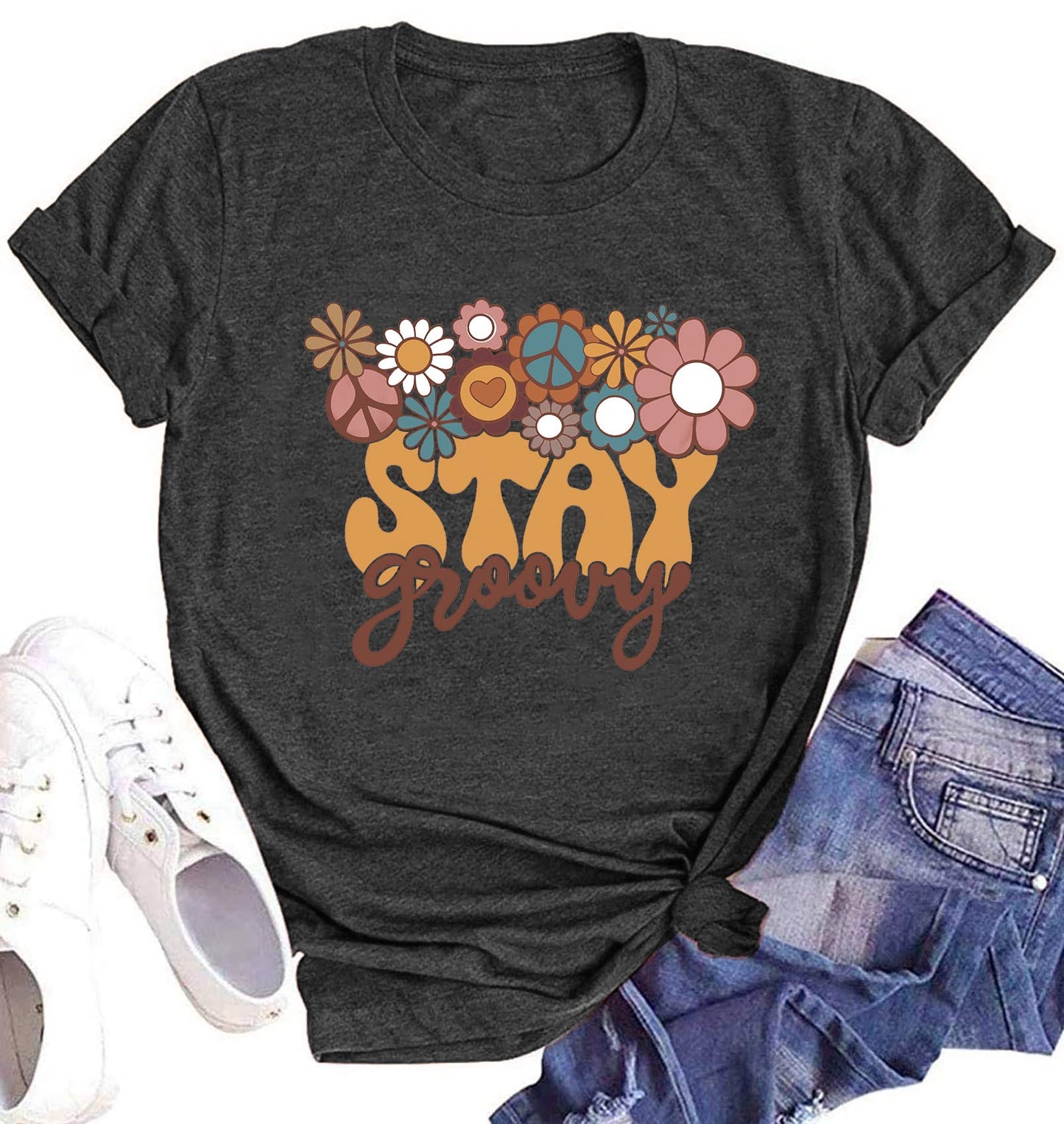 Stay Groovy Shirt for Womens Floral Graphic Retro Shirts Hippie 70s Tee Summer Tee Tops(Grey,XX-Large)