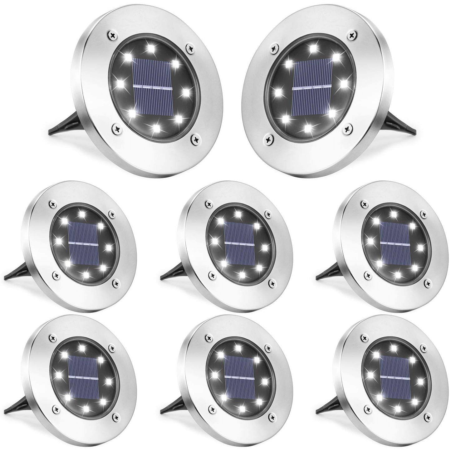 LYHOPE Solar Ground Lights Outdoor, 8 Pack 8 LED Solar Disk Lights Waterproof Garden In-ground Pathway Light Landscape Lighting for Lawn,Yard,Deck,Patio,Walkway (White)