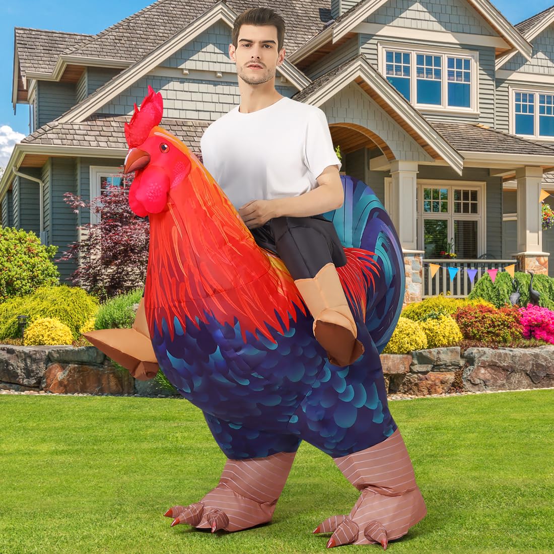 COMIN Inflatable Chicken Costume Ride-on Rooster suit Adult Blow up Suit Funny Fancy Dress Cosplay Cock Halloween Costume for Men Women (63'')