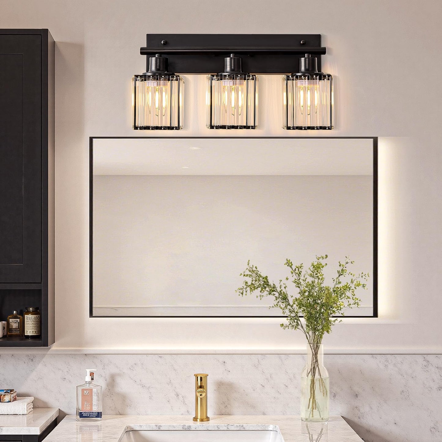 GAMTUE Bathroom Light, 3-Light Modern Crystal Vanity Light, Bathroom Lighting Fixtures Over Mirror Wall Sconces for Powder Room, Living Room, Bedroom, Hallway (Included 3 E26 Bulbs)