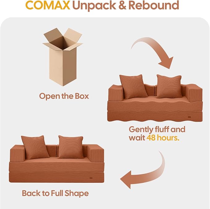 COMAX Futon Sofa Bed, 4‑in‑1 Convertible Sofa Bed, Folding Boneless Couches for Living Room, Fold Out Small Foldable Loveseat Floor Sleeper Comfy Mattress Lounge Space‑Saving, Light Orange