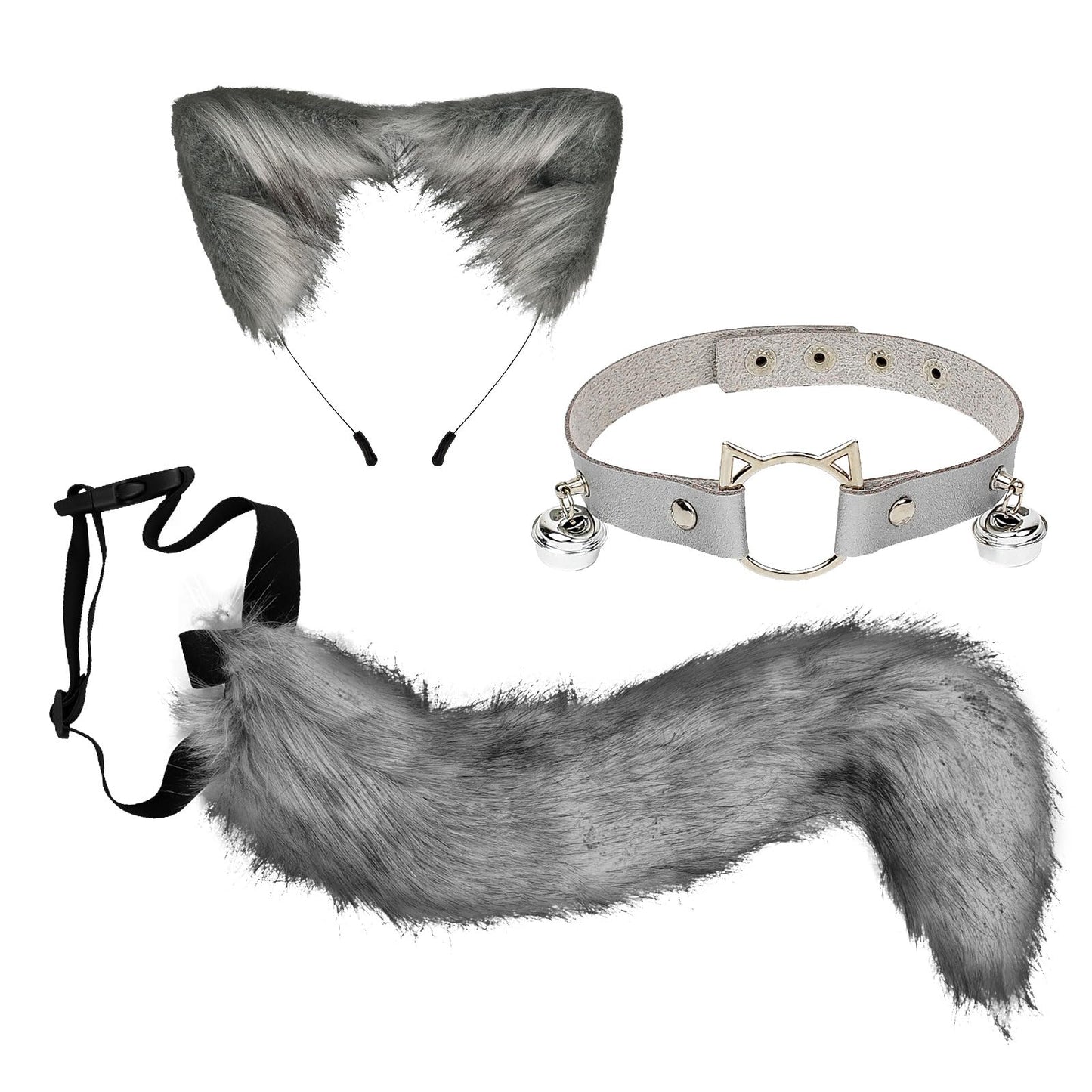 Hyuetrsa 3 Pcs Cat Ears and Wolf Fox Animal Tail Cosplay Costume Grey, Costume Halloween Leather Neck Chocker Set, Animal Cosplay Party Costume