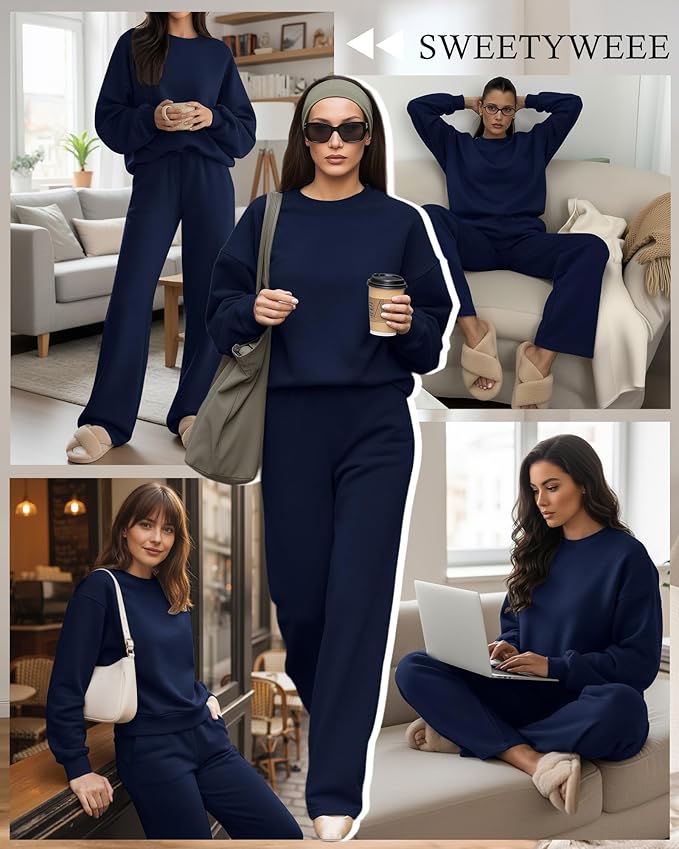 Sweetyweee Women's 2 Piece Outfits Set Fleece Lined Lounge Sweatsuit Crewneck Pullover Top Wide Leg Pants Casual Tracksuit