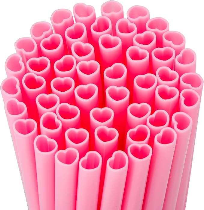 50PCS Valentine’s Day Heart Shaped Pink Straws,Individually Wrapped Cute Plastic Drinking Straws for Valentine & Galentine...