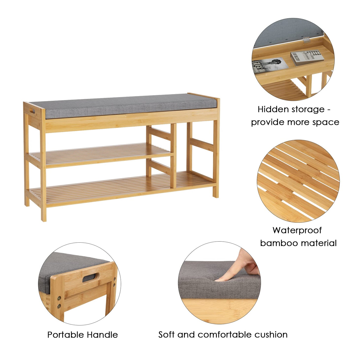 HIFIT Bamboo Shoe Bench Rack with Storage, Entryway Storage Bench with Padded Seat, Shoe Oiganizer Shelf for Entryway Mudroom Bathroom Hallway, Natural