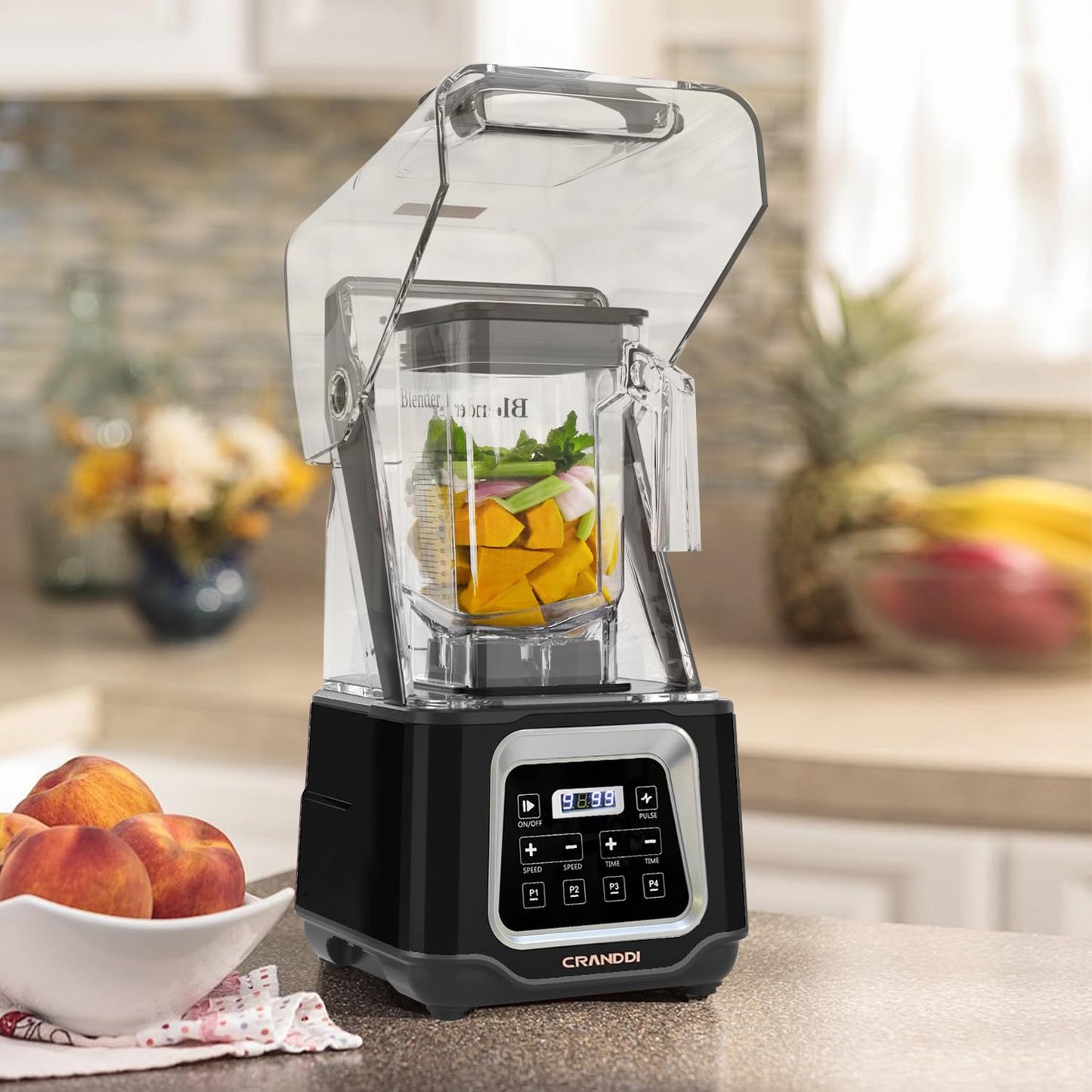 Commercial Blender 2200W, CRANDDI Professional Quiet Smoothie Blender with Smart Touch Screen & Removable Cover, 52oz for Frozen Drinks, Juice & More, 4 Preset Programs, K80TS, Black