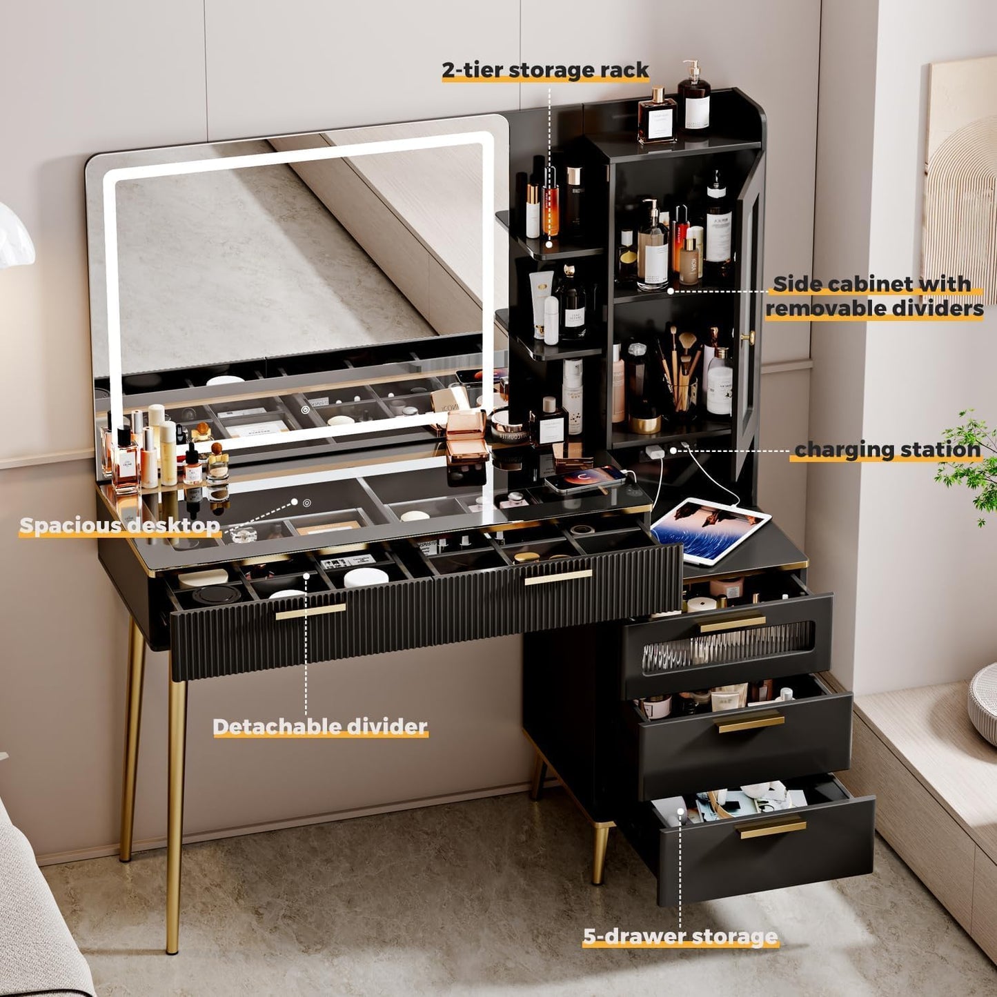 Arulvmrn 47.24" Big Modern Vanity Desk with Mirror and Lights, Vanity Desk with 29.53" HD Lighted Mirror, Makeup Vanity with 5 Drawers and Storage Shelves and Charging Station, Black2