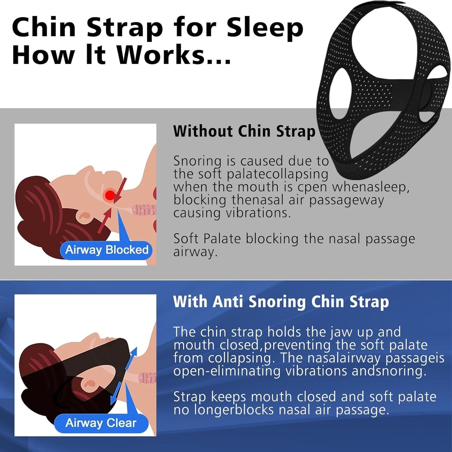 Chin Strap for Sleeping, Effective Anti Snoring Devices, Airflow Jaw Strap for Sleep Apnea Breathable and Comfortable, Adjustable Anti Snoring Chin Strap for Men and Women