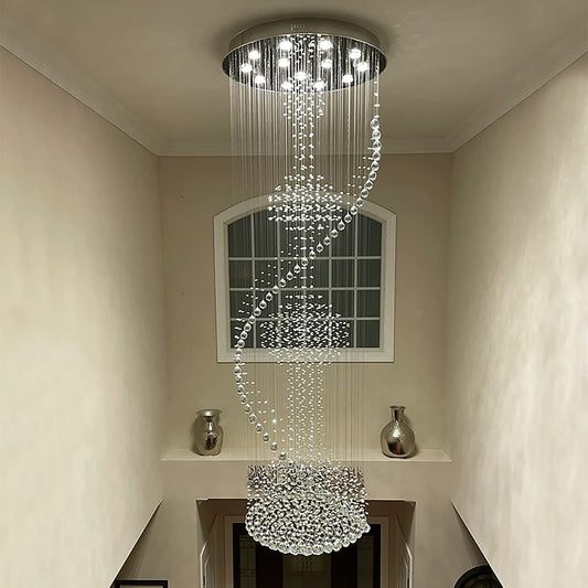 7PM Crystal Chandelier, Modern Large Spiral Raindrop Chandeliers, Flush Mount Pendant Light Fixture, Big Chandelier for High Ceiling, Entryway, Staircase, Foyer, Entrance D31.5 X H94.5