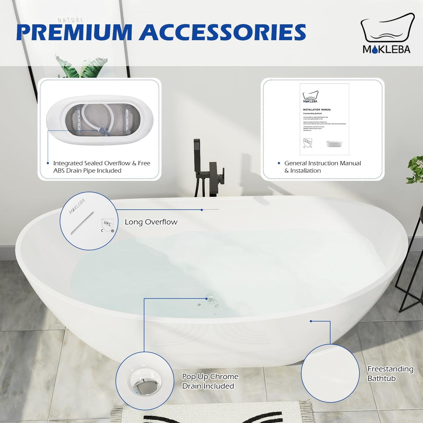 Mokleba 67" Lucite Acrylic Freestanding Bathtub, Double Slipper Shape Contemporary Soaking Tub with Toe-tap Chrome Drain, Slotted Overflow, cUPC Certified, Glossy White