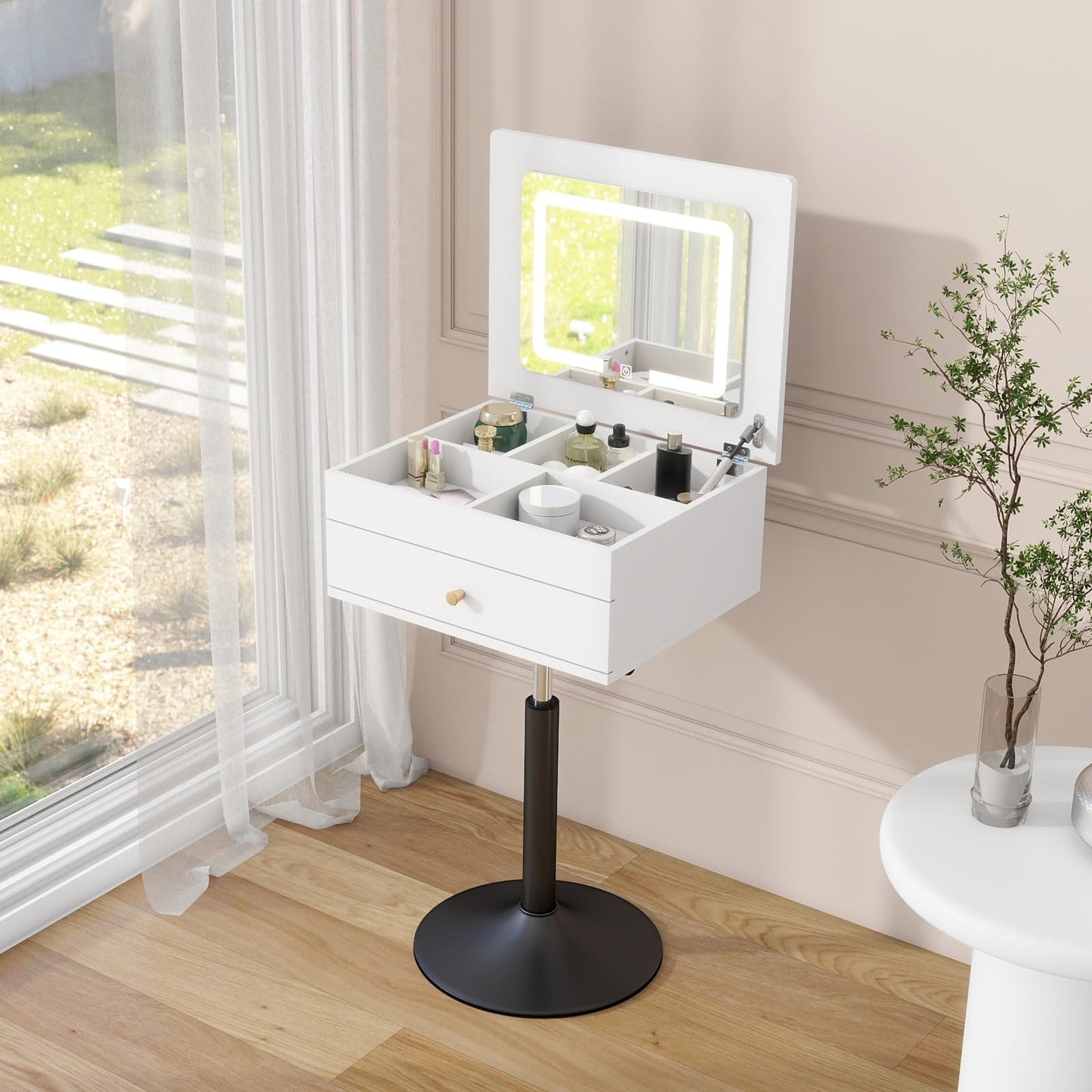 ARTETHYS Small Vanity Desk with Adjustable Height Rotating 3 in 1 Flip Top Makeup Vanity with Mirror and Lights Mini Corner White Dressing Table for Bedroom