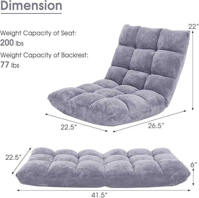 MAT EXPERT Floor Chair with Back Support, Floor Gaming Chair w/ 14 Adjustable Position,Soft Coral Fleece&Alloy Steel Frame, Foldable Floor Seat,Padded Lazy Couch Recliner for Meditating (Gray)