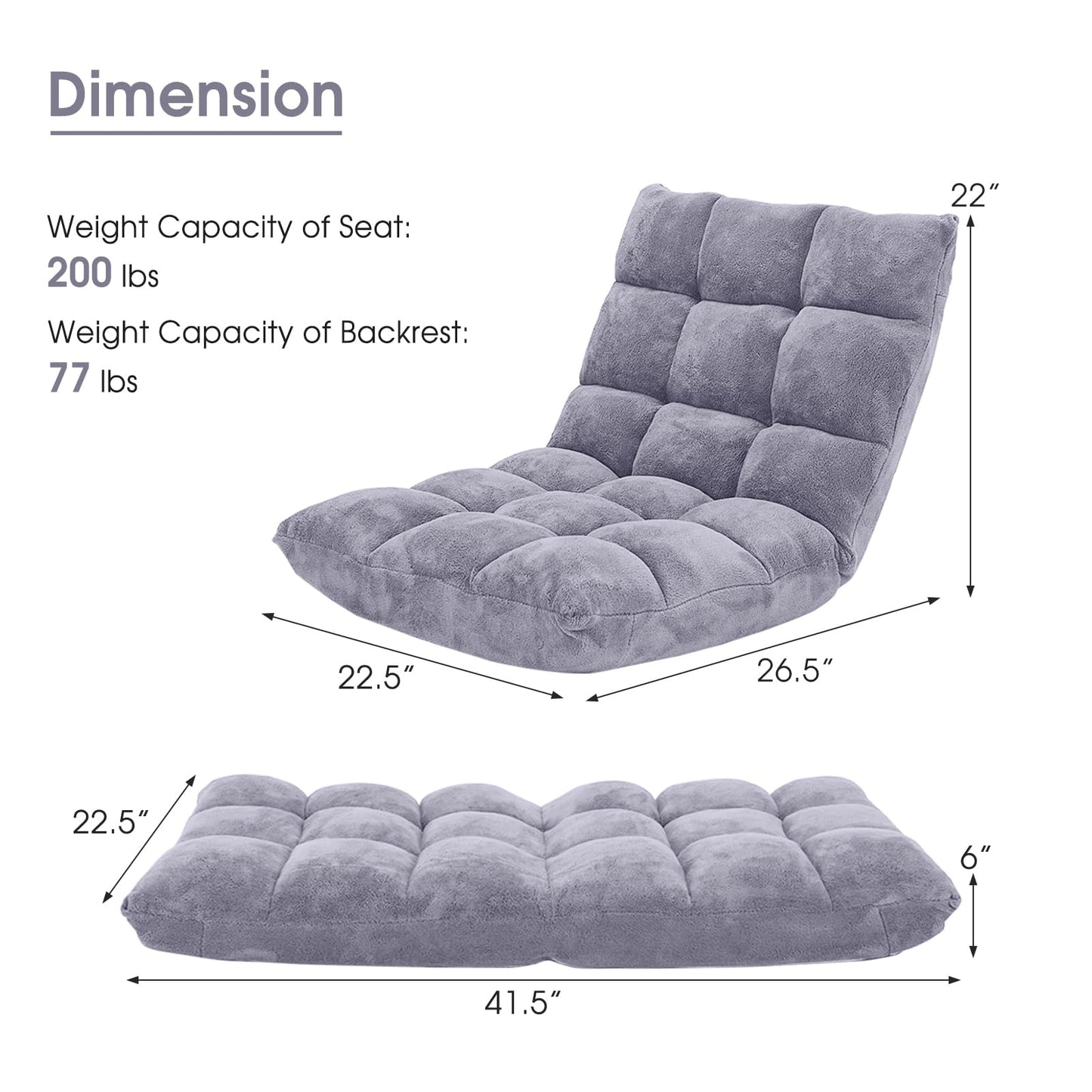 Giantex Folding Floor Chair with Back Support, 14 Adjustable Position, Padded Sleeper Bed, Couch Recliner, Gaming Floor Chairs for Adults, Meditation, Living Room (Grey)