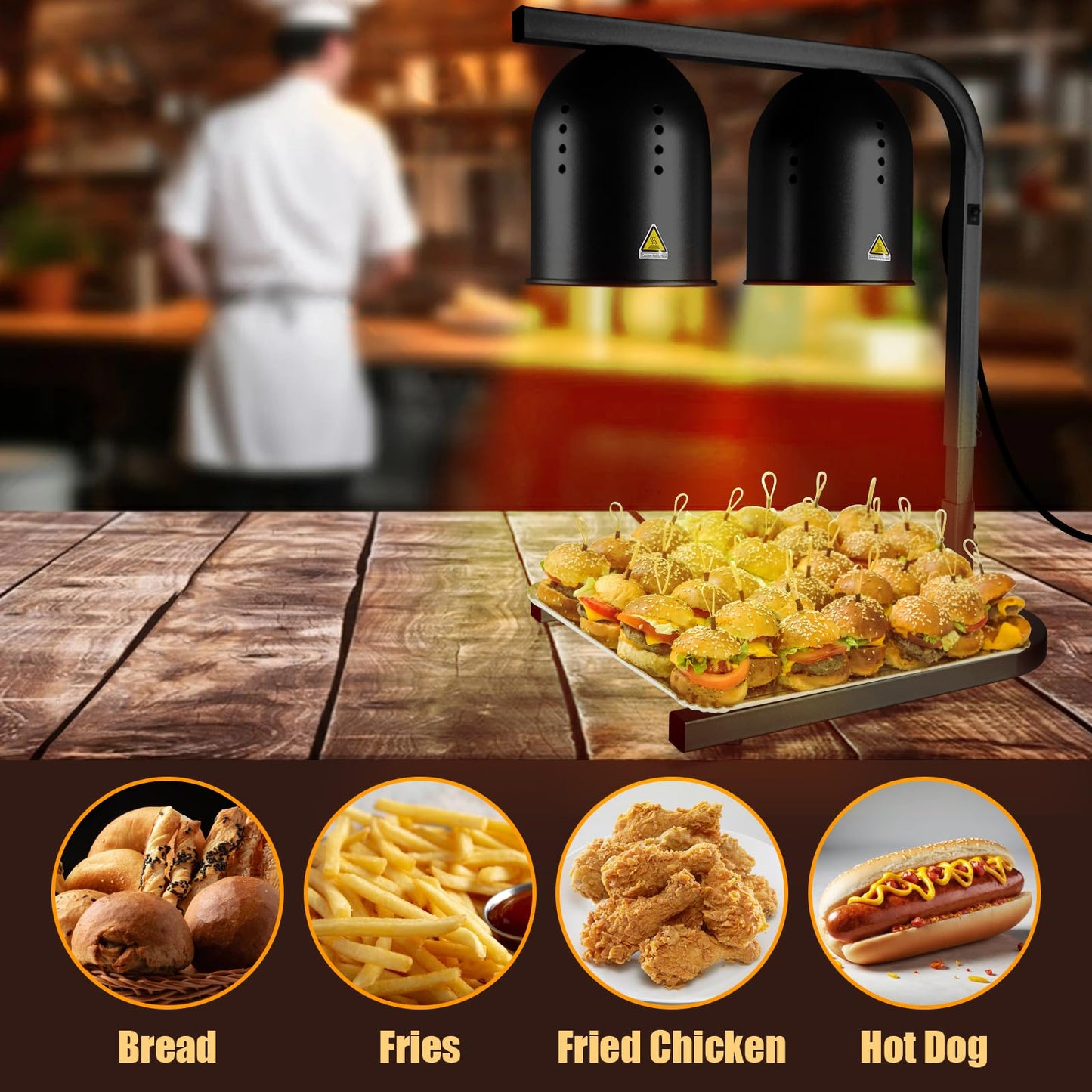 VORIGY Heat Lamp for Food, with Two 250W Bulbs for Fast and Even Heating, Food Heat Lamp with Adjustable Height Stand, Commercial Food Warmer Lamp for Home, Fast Food Restaurant, Buffet, Bakery Black
