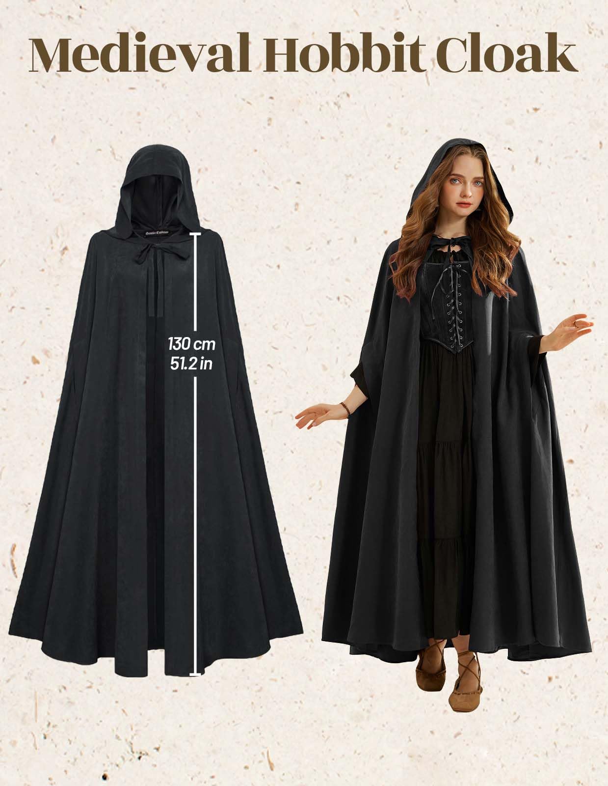 Scarlet Darkness Women Renaissance Hooded Cape Medieval Cloak Hobbit Halloween Costume Black