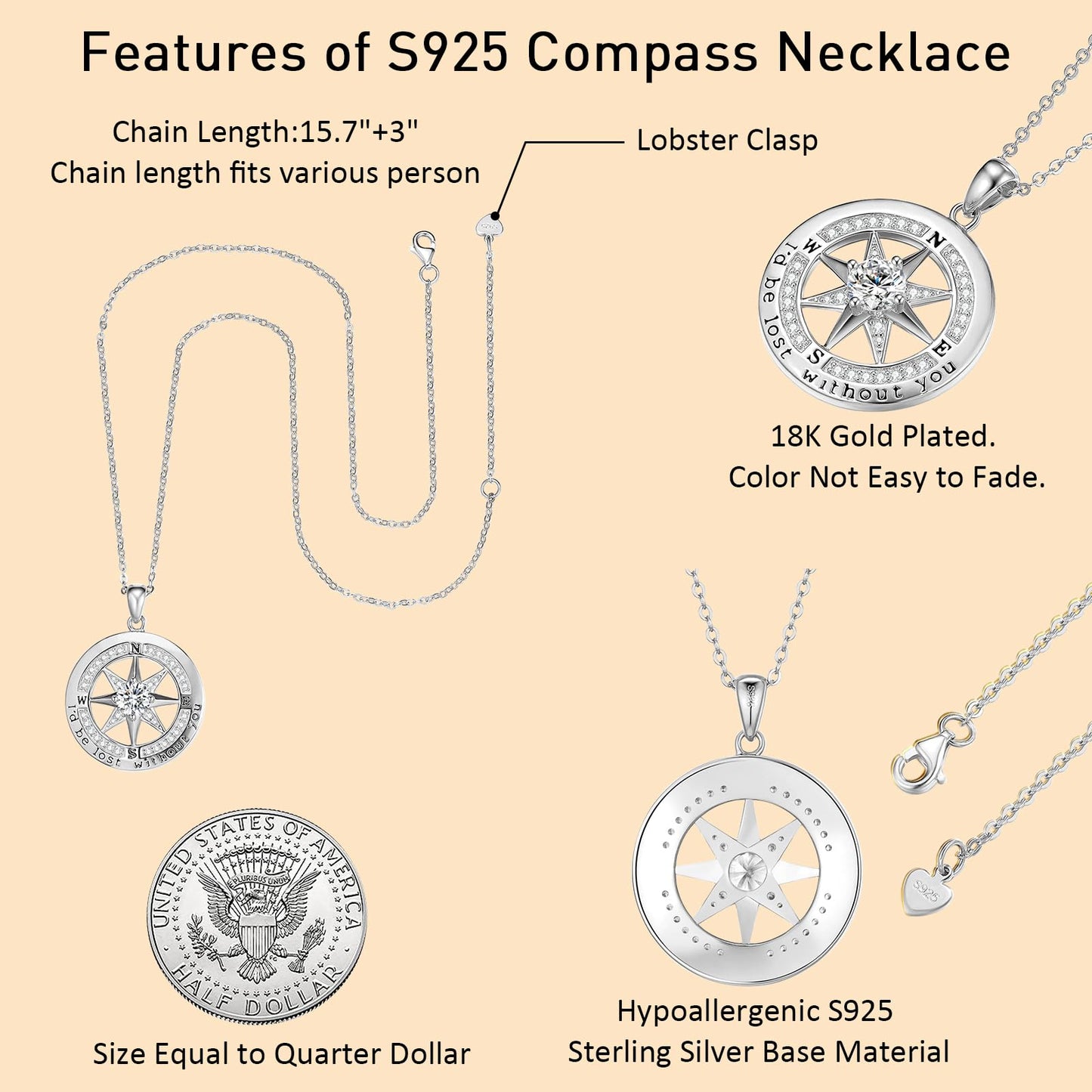 Gift for Wife Anniversary Compass Necklaces for Women Valentines Day Gifts for Her Wedding Anniversary Sterling Silver Necklace Girlfriend Birthday Christmas Mothers Day I'd be Lost without You