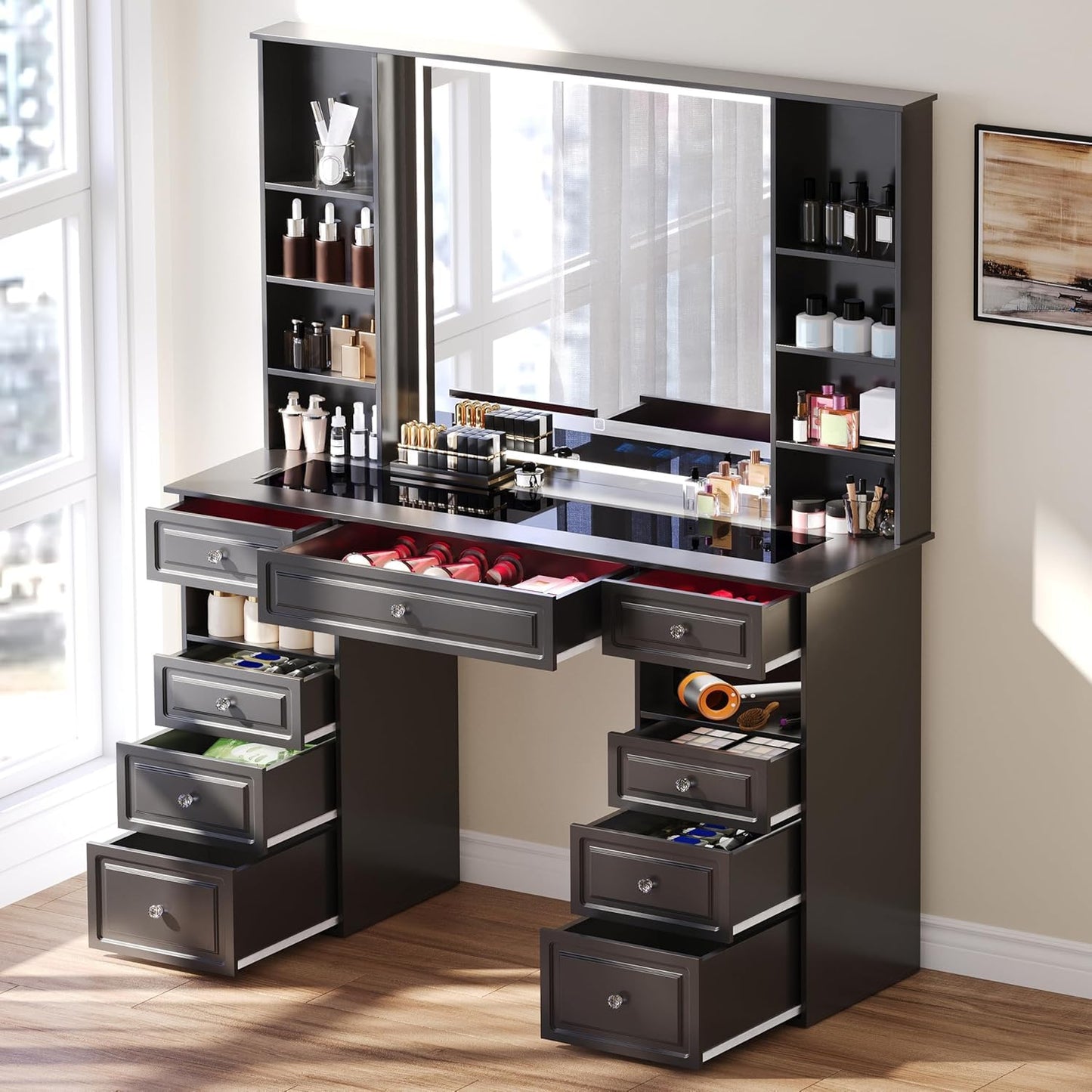 Jartoil Extra Large Vanity Desk with Lighted Mirror, 47" Makeup Vanity with Glass Top, Black Vanity Table with 9 Drawers, Tall Vanity with Crystal Knobs for Bedroom (Minimalist Style)