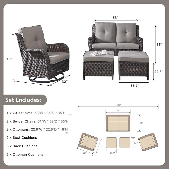 Rilyson Wicker Patio Furniture Set - 5 Piece Rattan Outdoor Sectional Conversation Sets with 2 Rocking Swivel Chairs,2 Ottomans and 1 Loveseat for Porch Deck Garden(Brown/Grey)