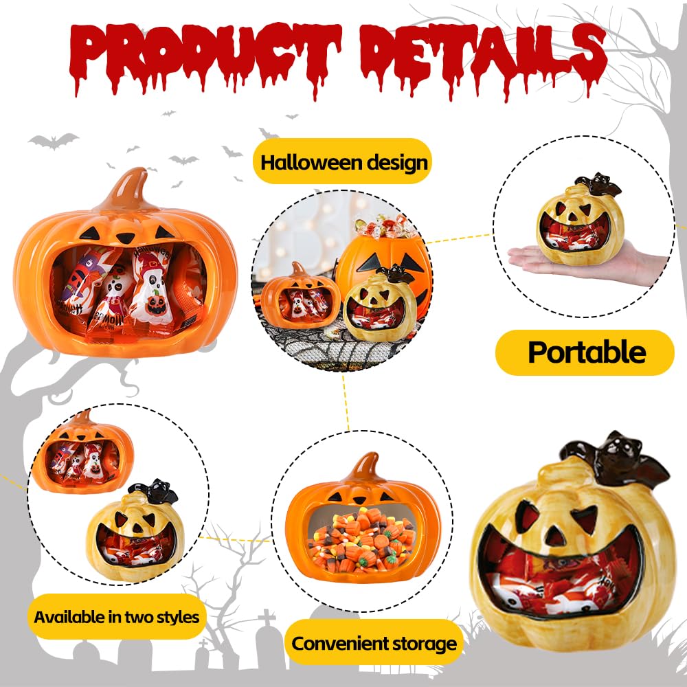 DIYDEC 2pcs Halloween Candy Bowls, Pumpkin Candy Dish Candle Holder Pumpkin Ceramic Bowl Tableware Decorations for Halloween Tiered Tray Ornament Home Decor