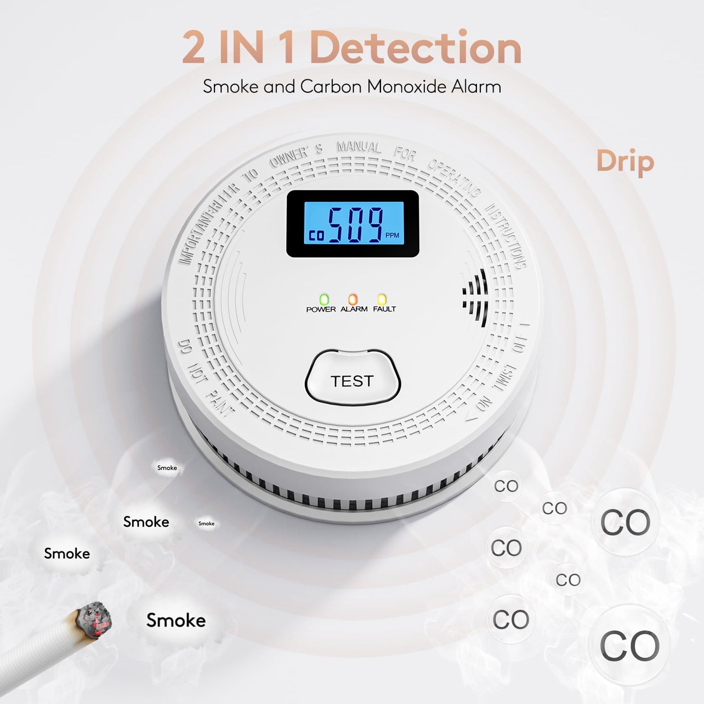5 Packs, Smoke Combination CO Alarm,2-in-1 Detection, CO Detector,Smoke Detector,Battery Powered CO Alarm with LEDs,Digital Display,Test Button,Low Battery Warning,85db Alarm,Flexible Installation