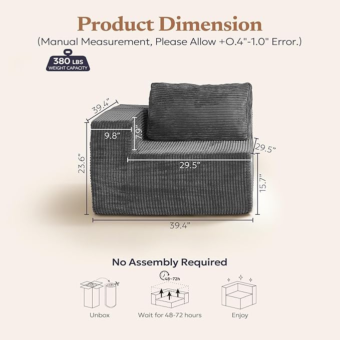 Furnify 40" Modular Sectional Sofa, Upholstered Floor Sofa Couch with Pillow, Bean Bag Chair for Bedroom Living Room, No Assembly Required (Plush Corduroy Fabric, Grey)