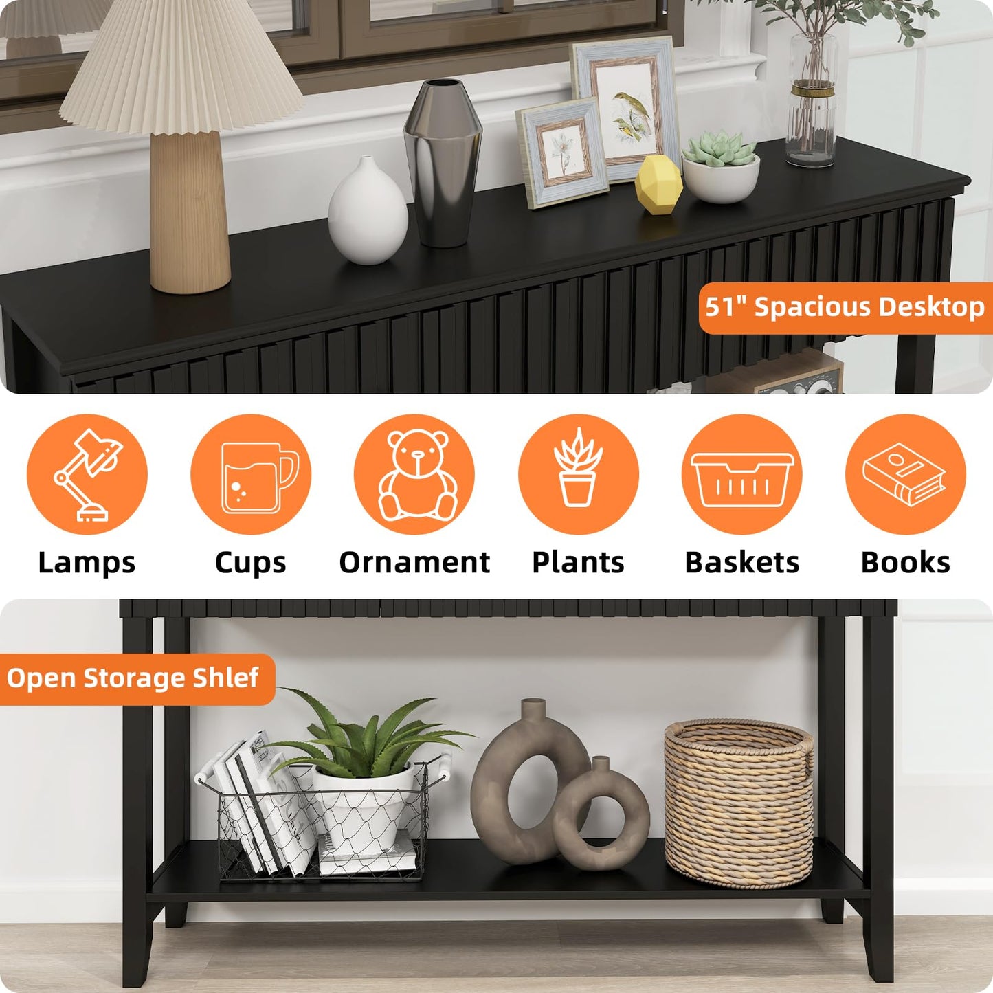 LAZZO Painted Wood Console Table Narrow Long Sofa Table Modern Behind Couch Table Fluted Entryway Table with 3 Drawers and Open Storage Shelf for Living Room, Foyer and Hallway Black (Black, 1 Tier)