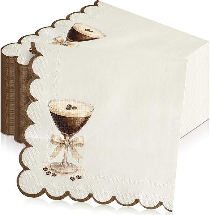 Dunzoom 100 Pcs Martini Cocktail Napkins a Tini Bit Older Birthday Decorations Scalloped Disposable Paper Napkins Espresso...