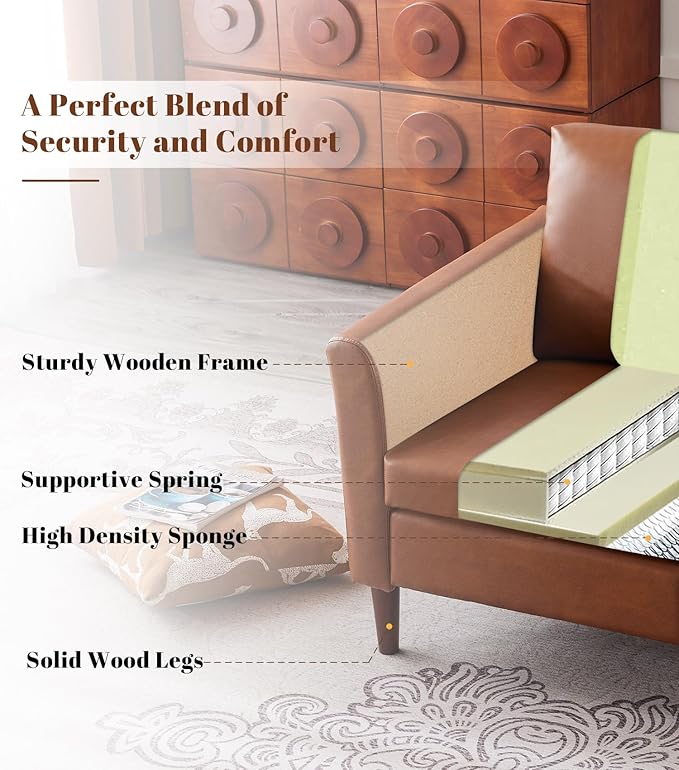 Kingfun Faux Leather 2 Seat Couch for Living Room, Mid Century Modern Sofa with Rolled Arms and Deep Seats, Fluffy Comfort for Apartment, Easy to Assemble, Chestnut