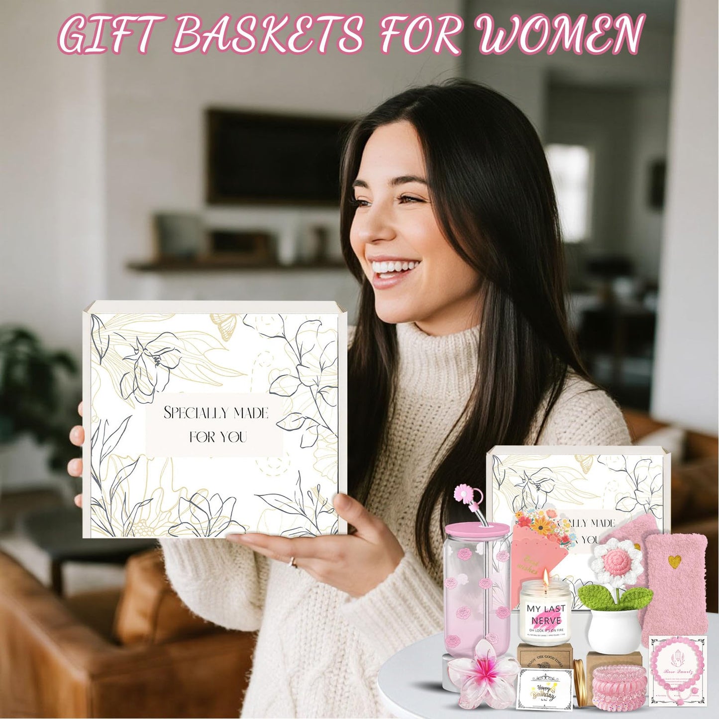 Birthday Gifts for Women, Teen Girls, Her, Unique Happy Birthday Gift Baskets for Best Friend Sister Daughter, Women Gifts Box for Girl Wife Girlfriends,14pcs Rose Glass Cups Gift Set(Pink)