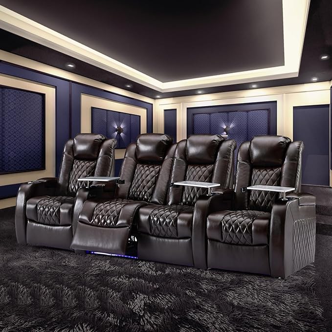 Weilianda Home Theater Seating Top Grain Leather Zero Gravity Recliner Chair Power Headrest Recline Movie Seat Gaming 7 Colors Mood Light Sofa with Tray Table USB Charge Row of 4 Loveseat Middle Brown