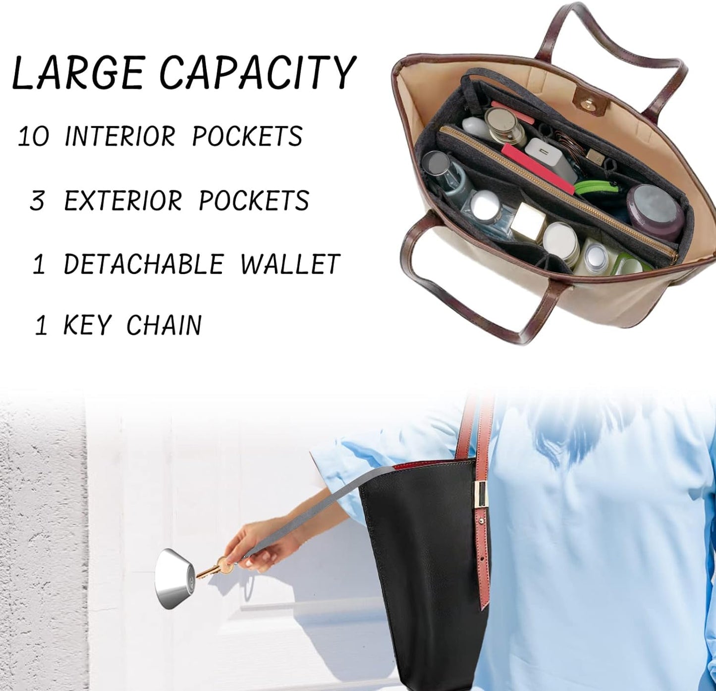 DailyPlus Purse Organizer Insert with Zipper Felt Bag Organizer for Tote Purse Grey Medium