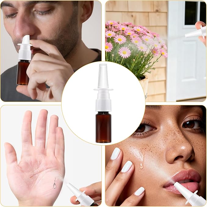 14-Pack 3.4oz Empty Nasal Spray Bottles, 0.125mL per Spray, Leak-Proof Travel-Sized Refillable Plastic Spray Bottle with Protective Cap for Saline Solution & Essential Oils (Brown)