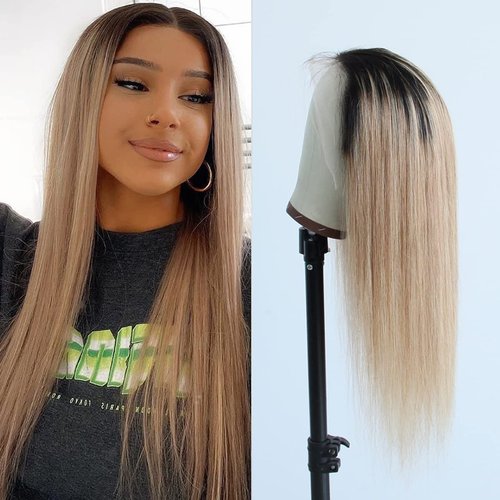 Aprilhair Pre-plucked Ombre #1B/27 Dark Root Honey Blonde Ear To Ear Lace Front Wigs Straight Glueless 150% Density Brazilian Virgin Human Hair With Baby Hair Full (14" inch, Lace Front Wig Straight)