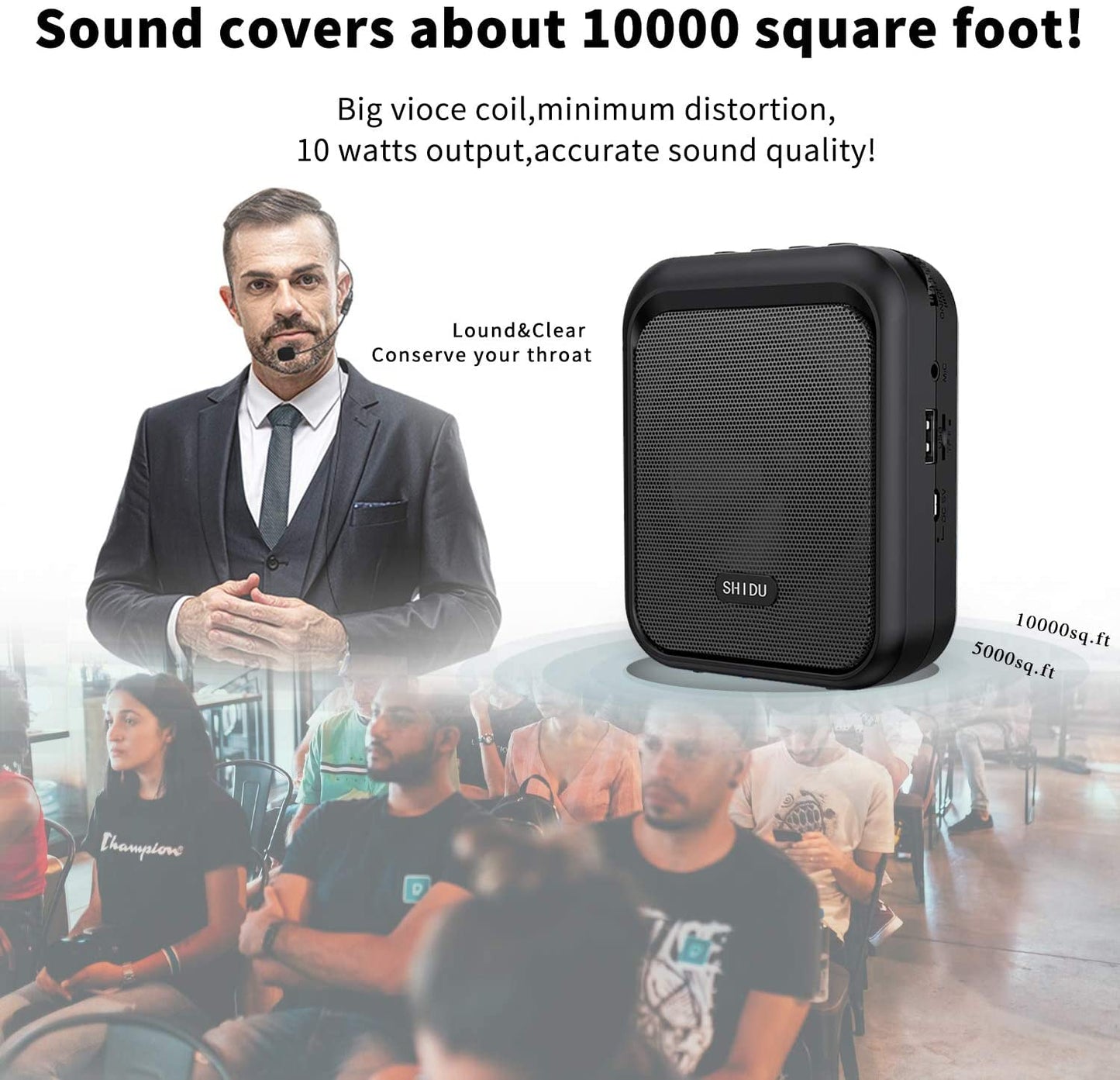 Shidu Mini Voice Amplifier Portable Rechargeable Bluetooth Speaker With Wired Microphone Headset 10W 1800Mah Pa System Supports